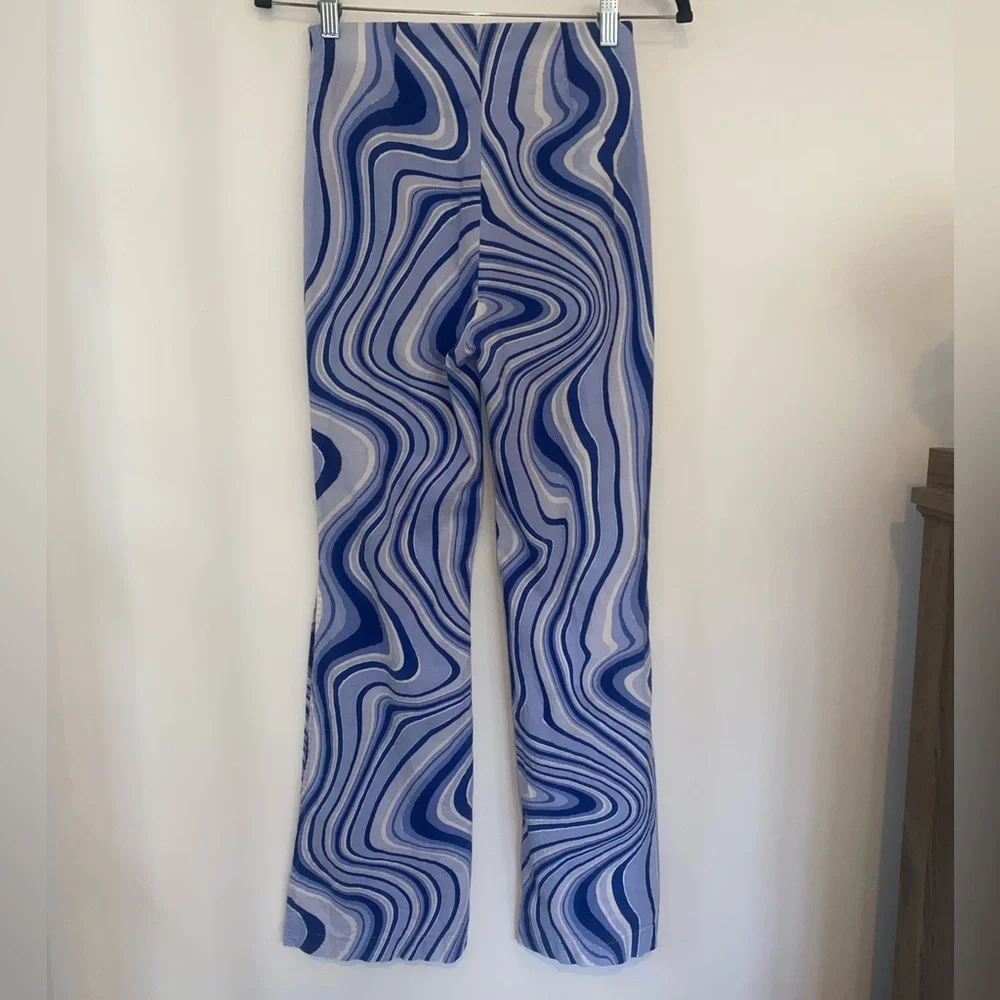 Zara Blue & White Psychedelics Swirl Flare Linen Pants, sz Small